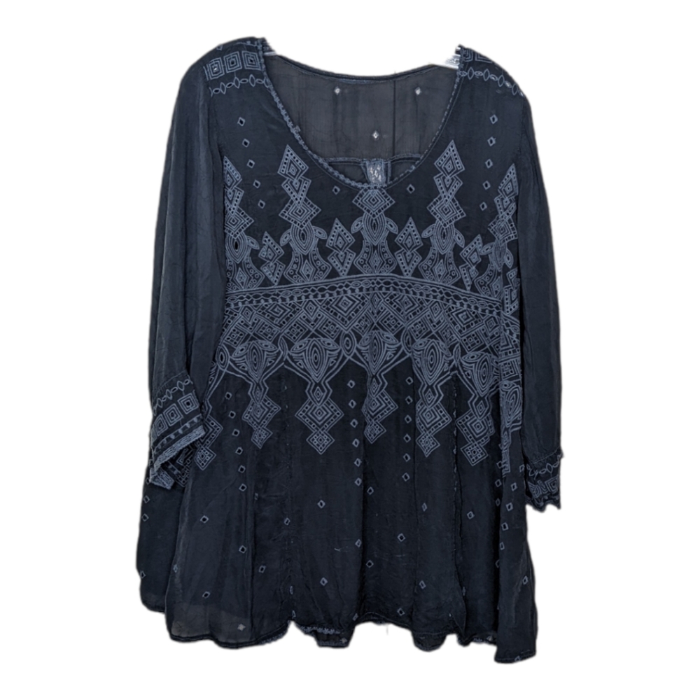 Johnny Was Tunic Top XL Embroidered Eyelet Semi Sheer 3/4 Sleeve Black Grey